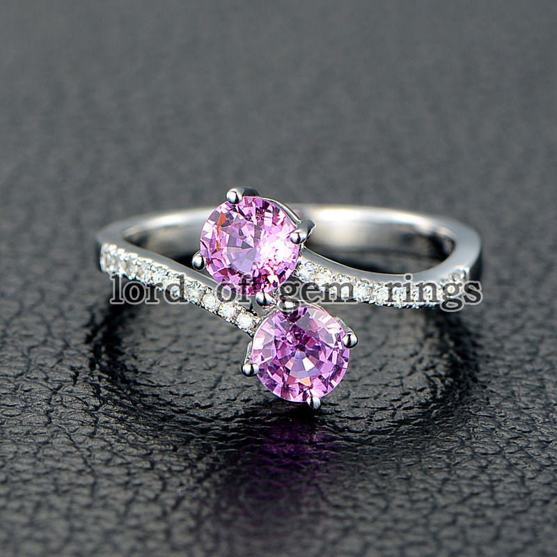 Round Pink Sapphire Diamond ByPass Engagement Ring 14K White Gold - Lord of Gem Rings