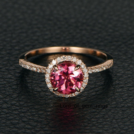 Round Pink Tourmaline Diamond Halo Engagement Ring