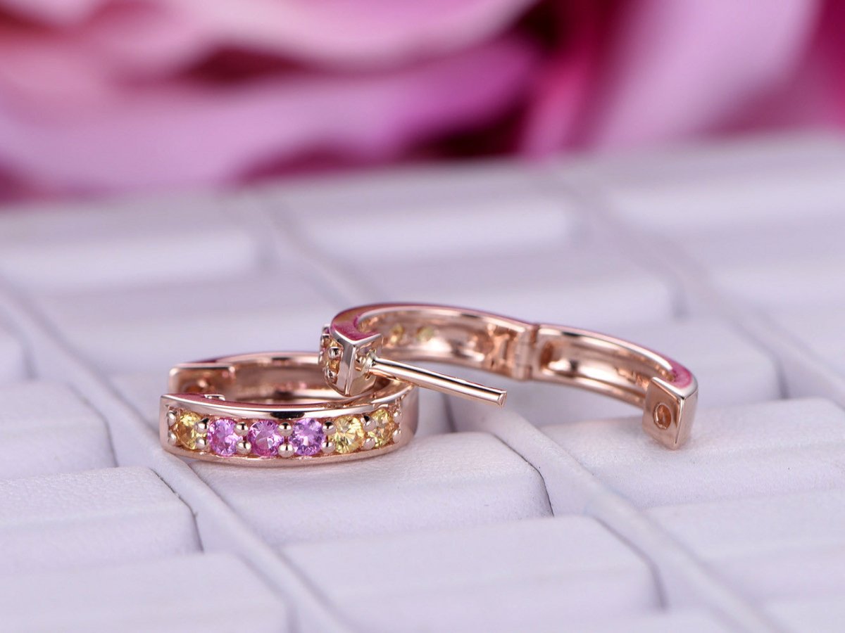 Round Pink/Yellow Sapphires Hoops Earrings 14K Rose Gold - Lord of Gem Rings