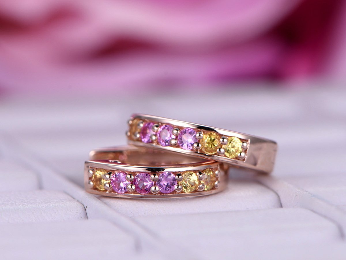 Round Pink/Yellow Sapphires Hoops Earrings 14K Rose Gold - Lord of Gem Rings