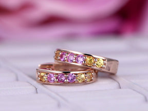 Round Pink/Yellow Sapphires Hoops Earrings 14K Rose Gold - Lord of Gem Rings