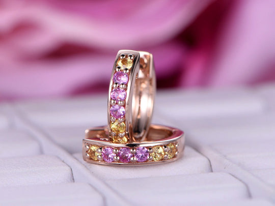 Round Pink/Yellow Sapphires Hoops Earrings 14K Rose Gold