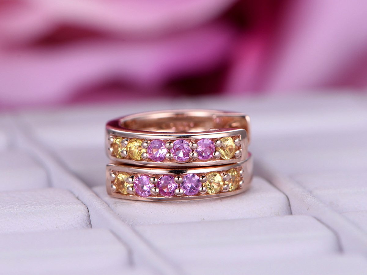 Round Pink/Yellow Sapphires Hoops Earrings 14K Rose Gold - Lord of Gem Rings