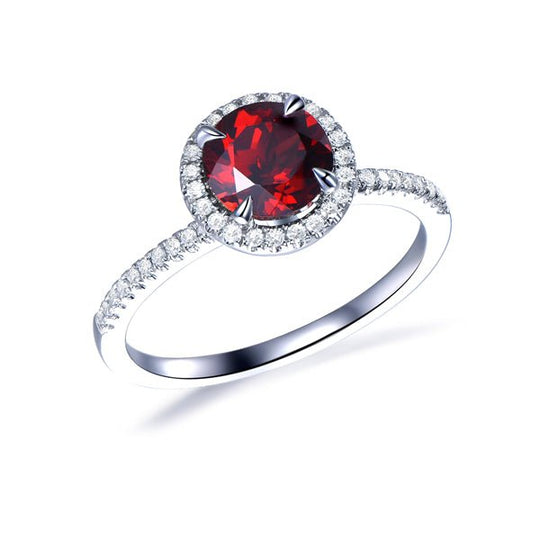 Round Red Garnet Diamond Halo Engagement Ring