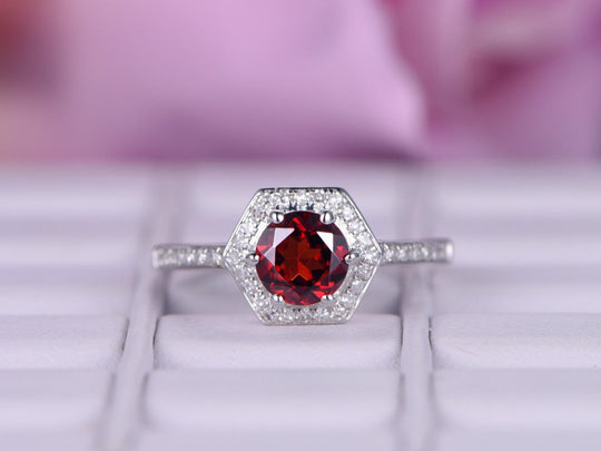 Round Ruby Diamond Hexagon Halo Engagement Ring 14k White Gold