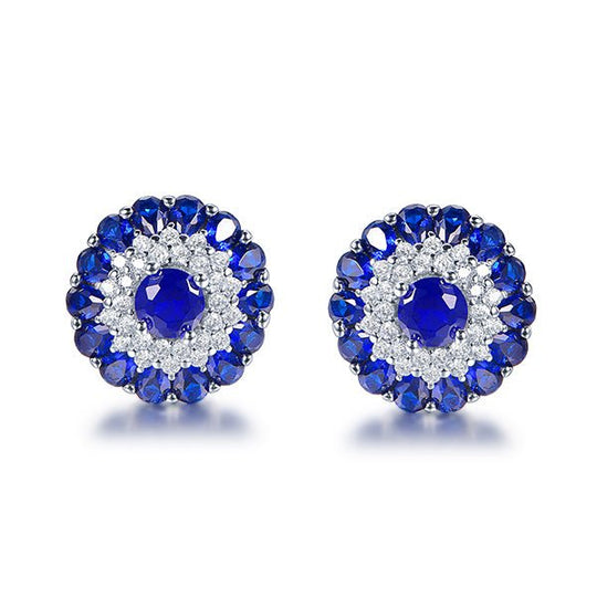 Round Sapphire Moissanite Stud Earrings 14K White Gold