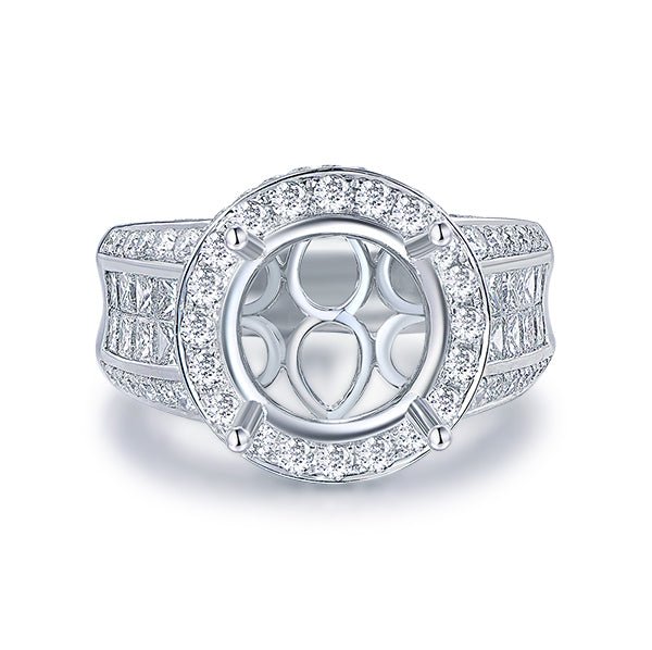 Round Semi Mount Halo Ring with Princess Diamond Accents 18K White Gold - Lord of Gem Rings