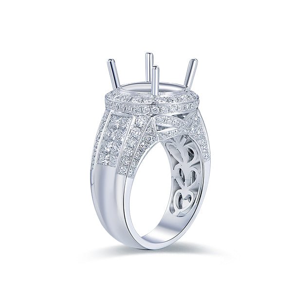 Round Semi Mount Halo Ring with Princess Diamond Accents 18K White Gold - Lord of Gem Rings