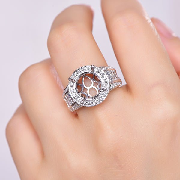 Round Semi Mount Halo Ring with Princess Diamond Accents 18K White Gold - Lord of Gem Rings