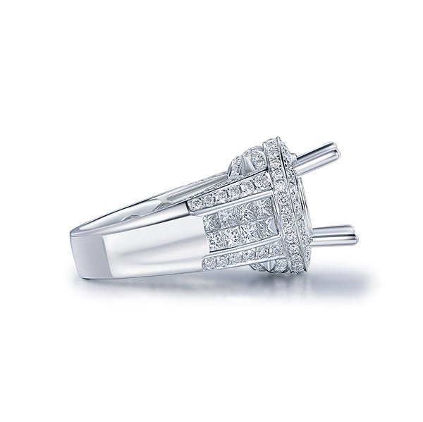 Round Semi Mount Halo Ring with Princess Diamond Accents 18K White Gold - Lord of Gem Rings