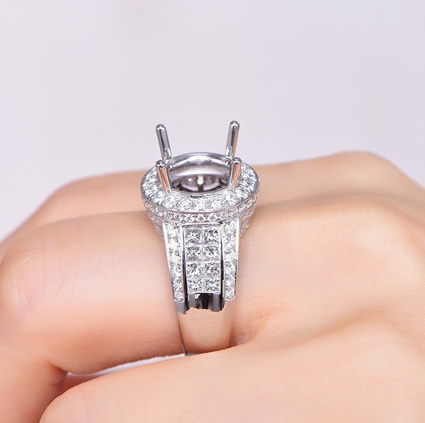 Round Semi Mount Halo Ring with Princess Diamond Accents 18K White Gold - Lord of Gem Rings