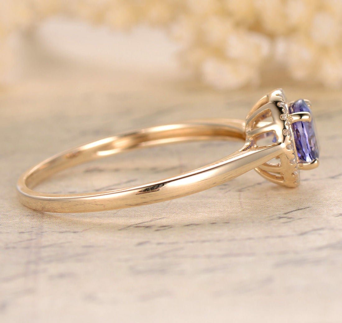 Round Tanzanite Diamond Halo Engagement Ring 14K Yellow Gold - Lord of Gem Rings