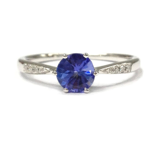 Round Tanzanite Diamond Tapered Ring 14K White Gold