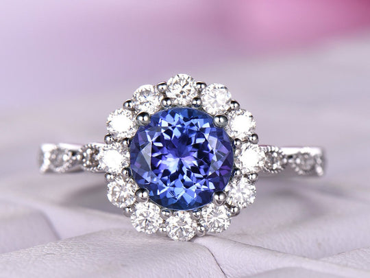 Round Tanzanite Petal Moissanite Halo Engagement Ring 14K White Gold