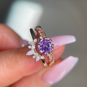 Reserved for Collin - Vintage Milgrain Round Purple Lab Sapphire Diamond Opal Tiara Wedding Ring Set