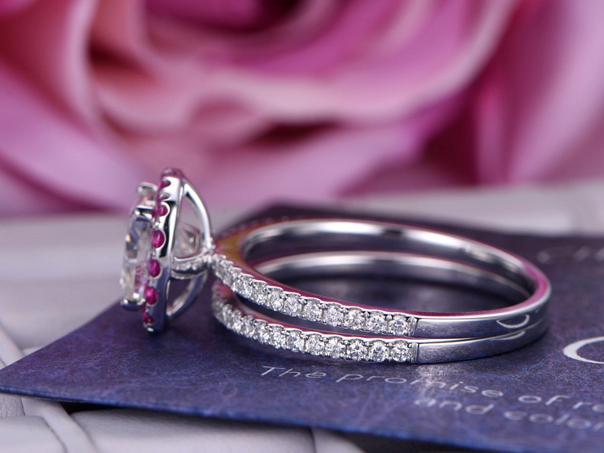 Ruby Halo Cushion Moissanite Bridal Set with Diamond Accents - Lord of Gem Rings