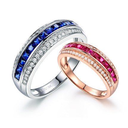 Ruby Sapphire Diamond Railway Couple Birthstone Band 18K Gold - Lord of Gem Rings
