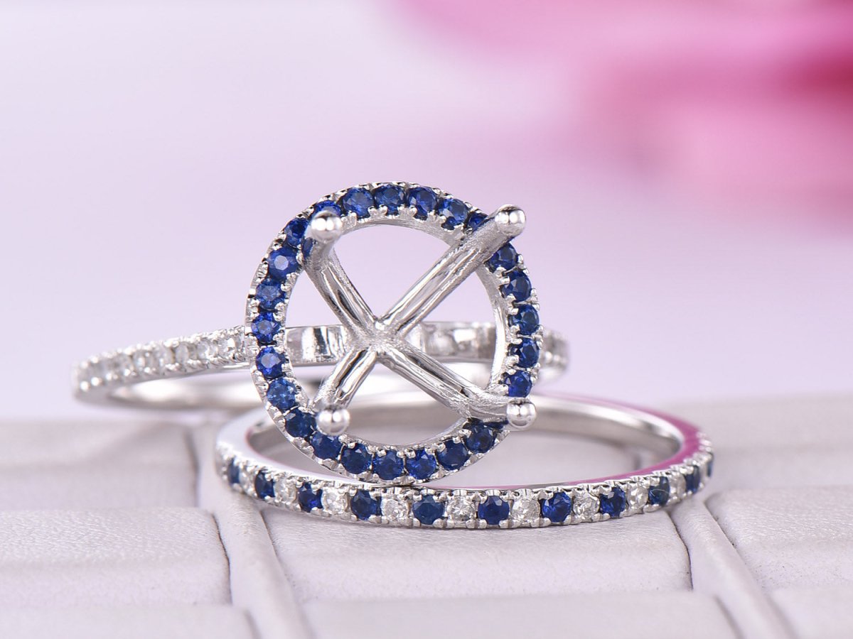 Sapphire/Diamond Engagement Round Semi Mout Ring Bridal Set 14K White Gold - Lord of Gem Rings
