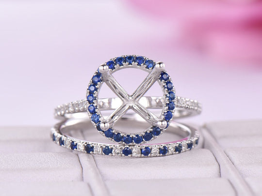 Sapphire/Diamond Engagement Round Semi Mount Ring Bridal Set 14K White Gold