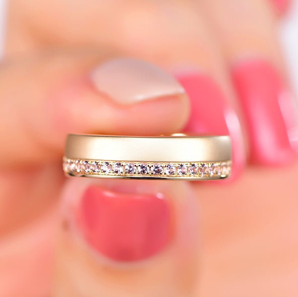 Satin Finish Engravable Beveled Edge Pink Morganite Men's Wedding Ring 6mm Width - Lord of Gem Rings