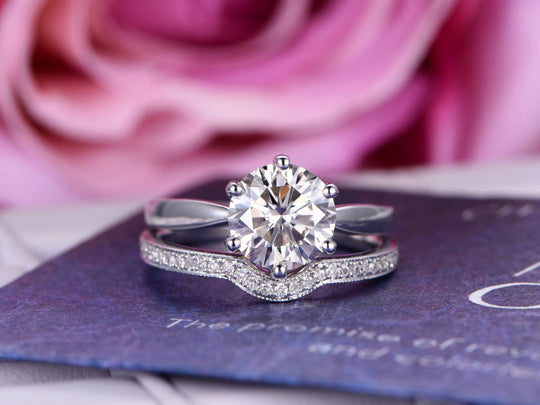 Solitaire Round Moissanite Bridal Set Diamond Curved Band