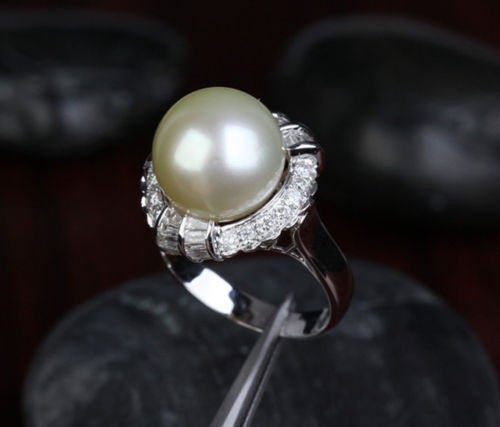 South Sea Pearl Channel-Set Diamond Halo Engagement Ring