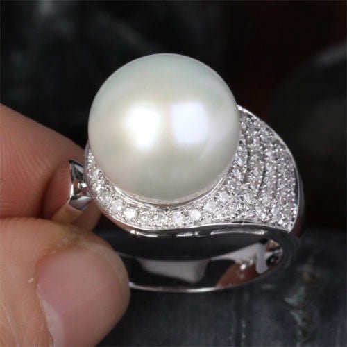 South Sea Pearl Real Multi-Row Diamond Ring 14K White Gold