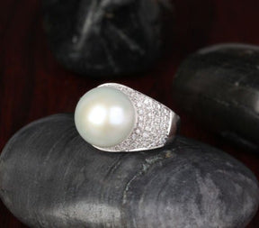 South Sea Pearl Real Multi - Row Diamond Ring 14K White Gold - Lord of Gem Rings