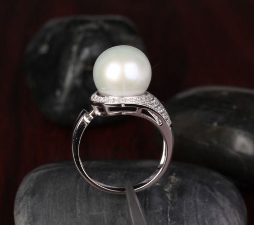 South Sea Pearl Real Multi - Row Diamond Ring 14K White Gold - Lord of Gem Rings