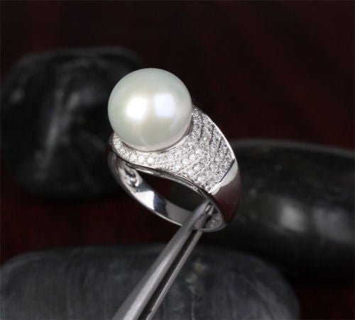 South Sea Pearl Real Multi - Row Diamond Ring 14K White Gold - Lord of Gem Rings