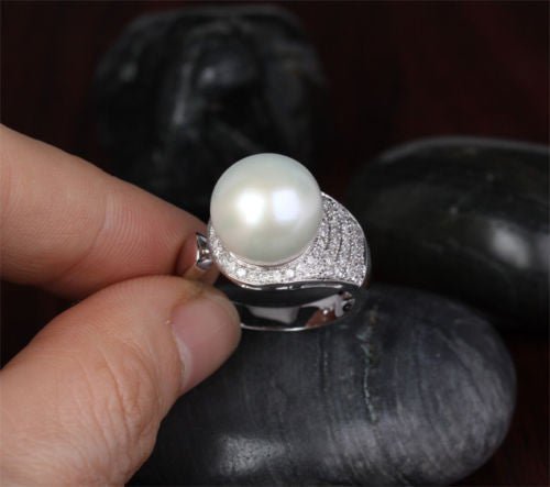 South Sea Pearl Real Multi - Row Diamond Ring 14K White Gold - Lord of Gem Rings