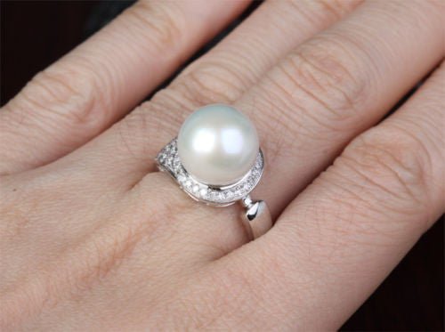 South Sea Pearl Real Multi - Row Diamond Ring 14K White Gold - Lord of Gem Rings