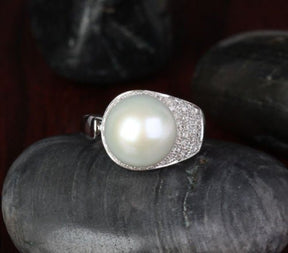South Sea Pearl Real Multi - Row Diamond Ring 14K White Gold - Lord of Gem Rings