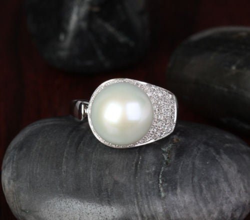 South Sea Pearl Real Multi - Row Diamond Ring 14K White Gold - Lord of Gem Rings