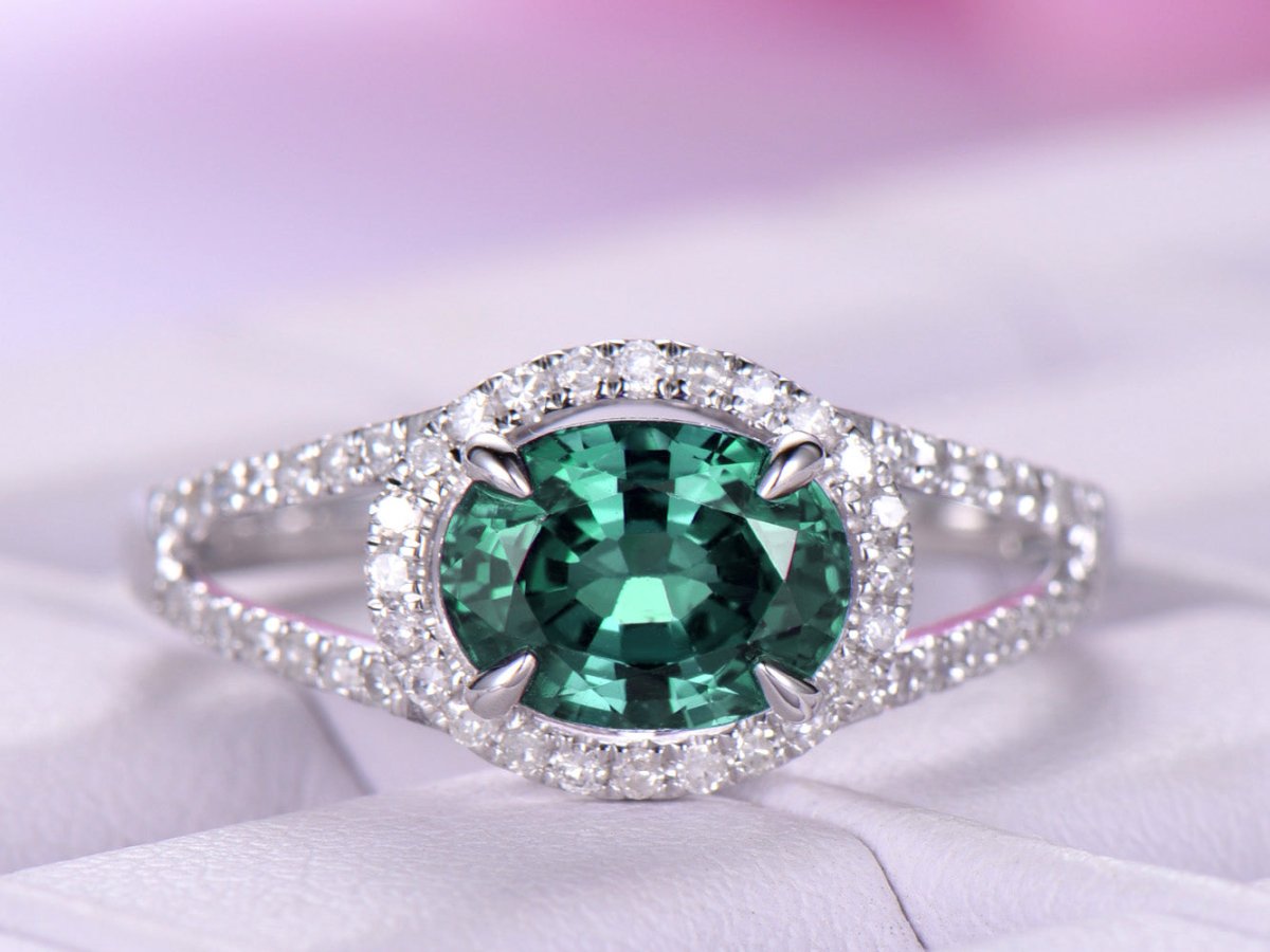 Split Shank Oval Alexandrite Diamond Halo Engagement Ring - Lord of Gem Rings