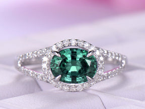 Split Shank Oval Alexandrite Diamond Halo Engagement Ring - Lord of Gem Rings