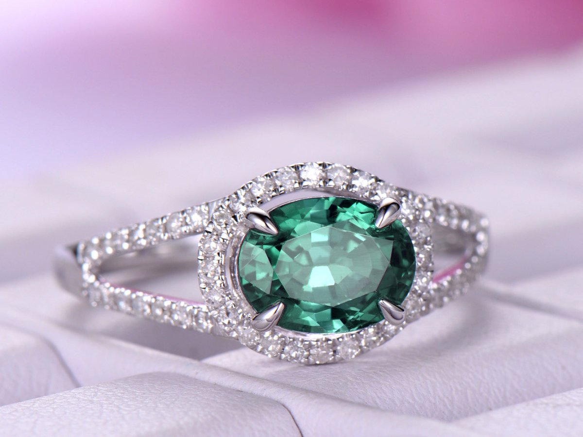 Split Shank Oval Alexandrite Diamond Halo Engagement Ring - Lord of Gem Rings