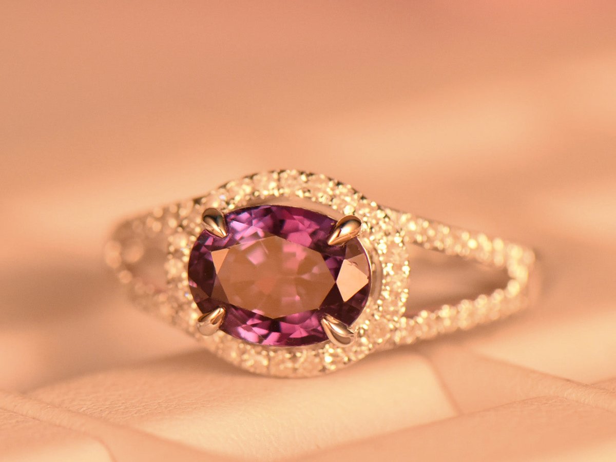 Split Shank Oval Alexandrite Diamond Halo Engagement Ring - Lord of Gem Rings