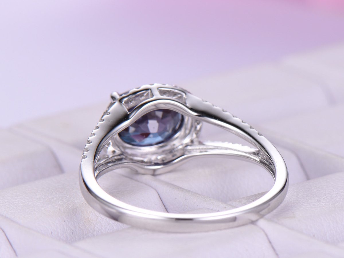 Split Shank Oval Alexandrite Diamond Halo Engagement Ring - Lord of Gem Rings