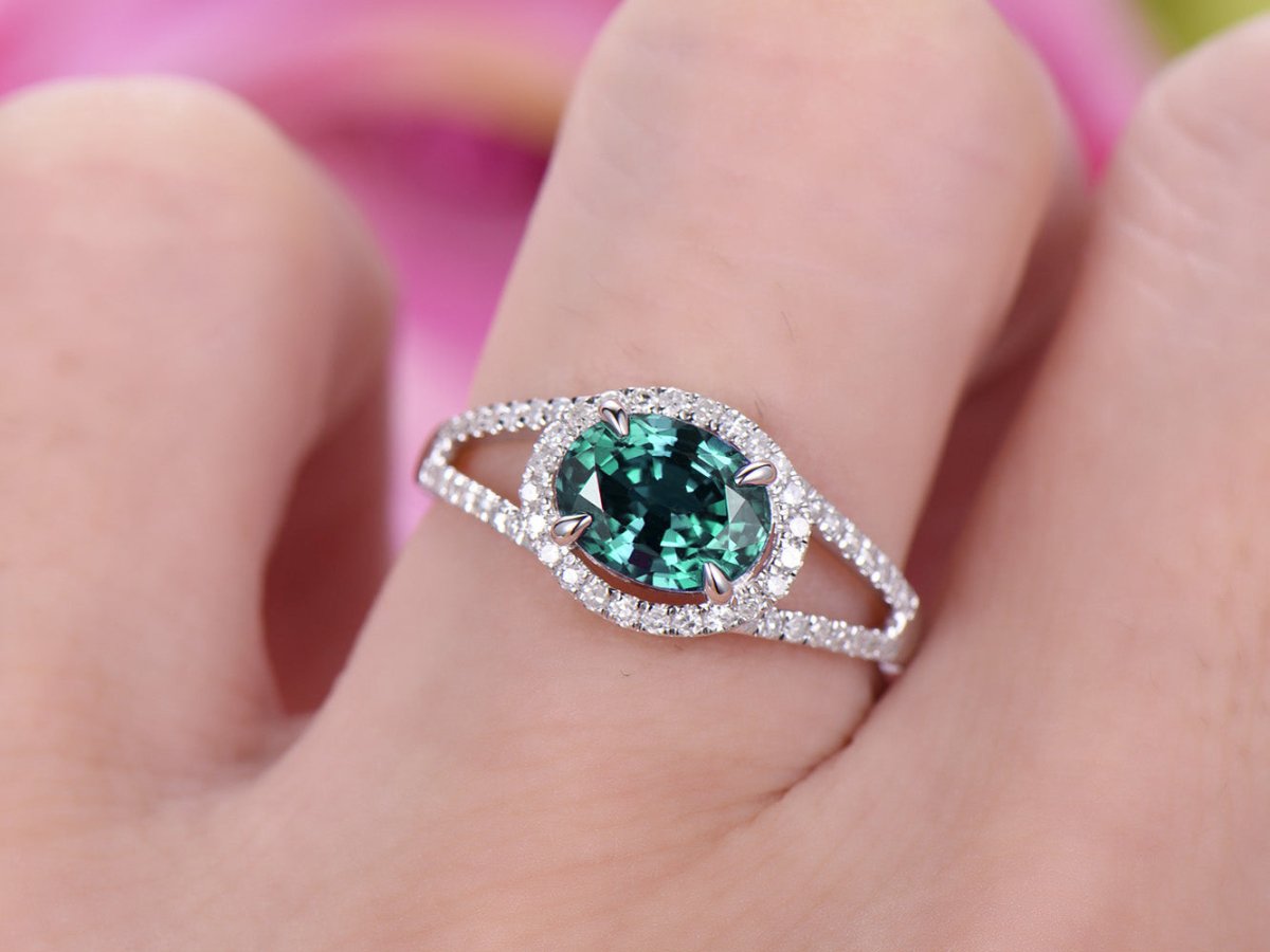 Split Shank Oval Alexandrite Diamond Halo Engagement Ring - Lord of Gem Rings