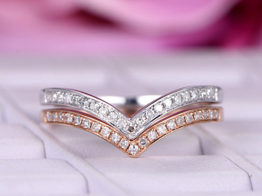 Stackable Chevron Diamond Wedding Band Set in 14K Rose/White Gold