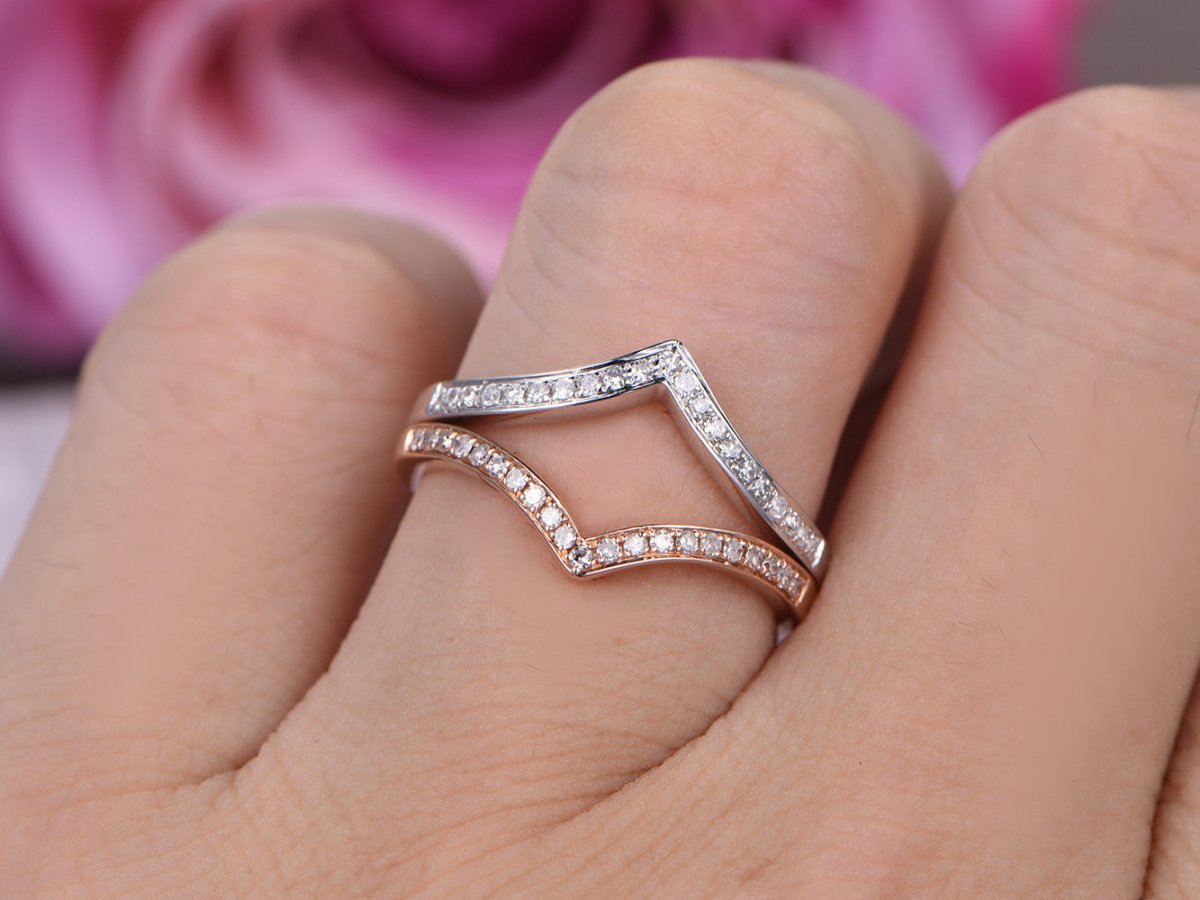 Stackable Chevron Diamond Wedding Band Set in 14K Rose/White Gold - Lord of Gem Rings