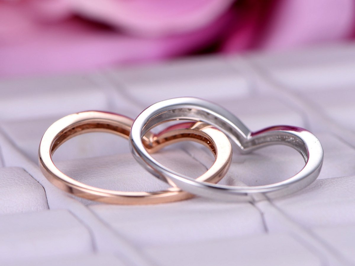 Stackable Chevron Diamond Wedding Band Set in 14K Rose/White Gold - Lord of Gem Rings