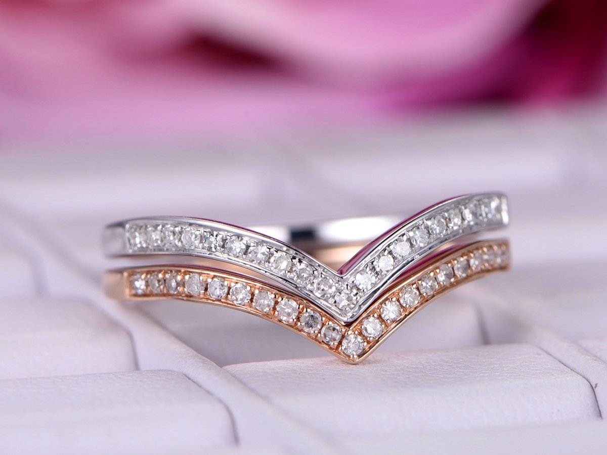 Stackable Chevron Diamond Wedding Band Set in 14K Rose/White Gold - Lord of Gem Rings