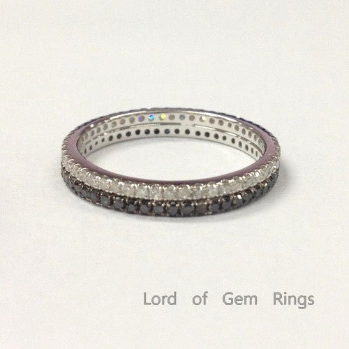 Stackable Pave-Set Black and White Diamond Wedding Ring Set Eternity Band