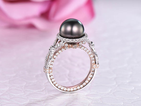 Tahitian Pearl Crossover Ring Moissanite Band in Two Tones Gold