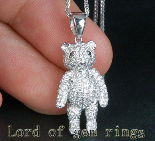 Teddy Bear 1.22ctw Diamonds Solid 14k White Gold Pendant For Necklace
