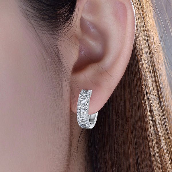 Three Row Baguette and Round Diamond Hoop Earrings 14k White Gold - Lord of Gem Rings