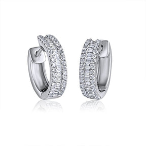 Three Row Baguette and Round Diamond Hoop Earrings 14k White Gold - Lord of Gem Rings