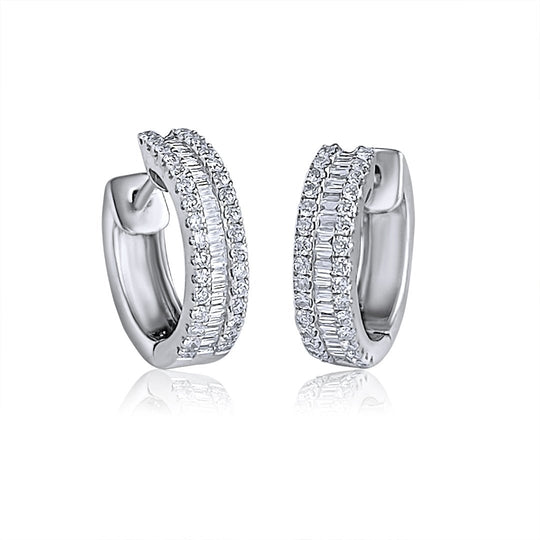 Three Row Baguette and Round Diamond Hoop Earrings 14k White Gold